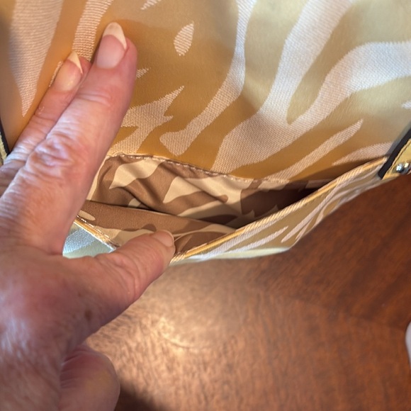 Anne Klein shoulder bag small tote zebra pattern fabric yellow/yellow trim NWOT - Picture 10 of 17